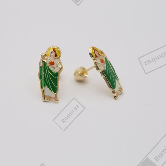 14K Solid Gold Saint Jude Stud Earrings • Green Robe • Water-Resistant Enamel. - Picture 2 of 7
